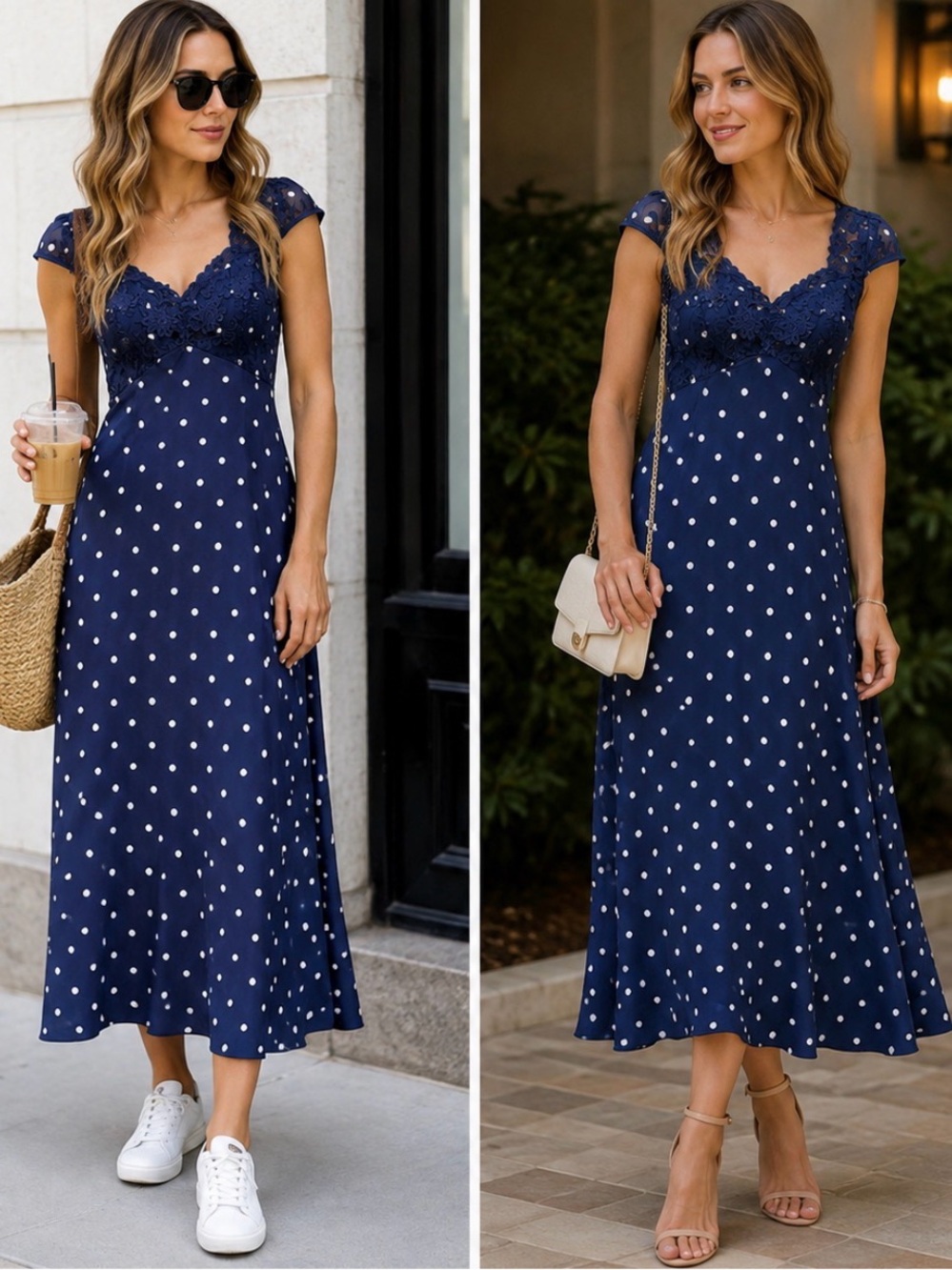 Polka Dot Navy Midi Dress with Lace Bodice